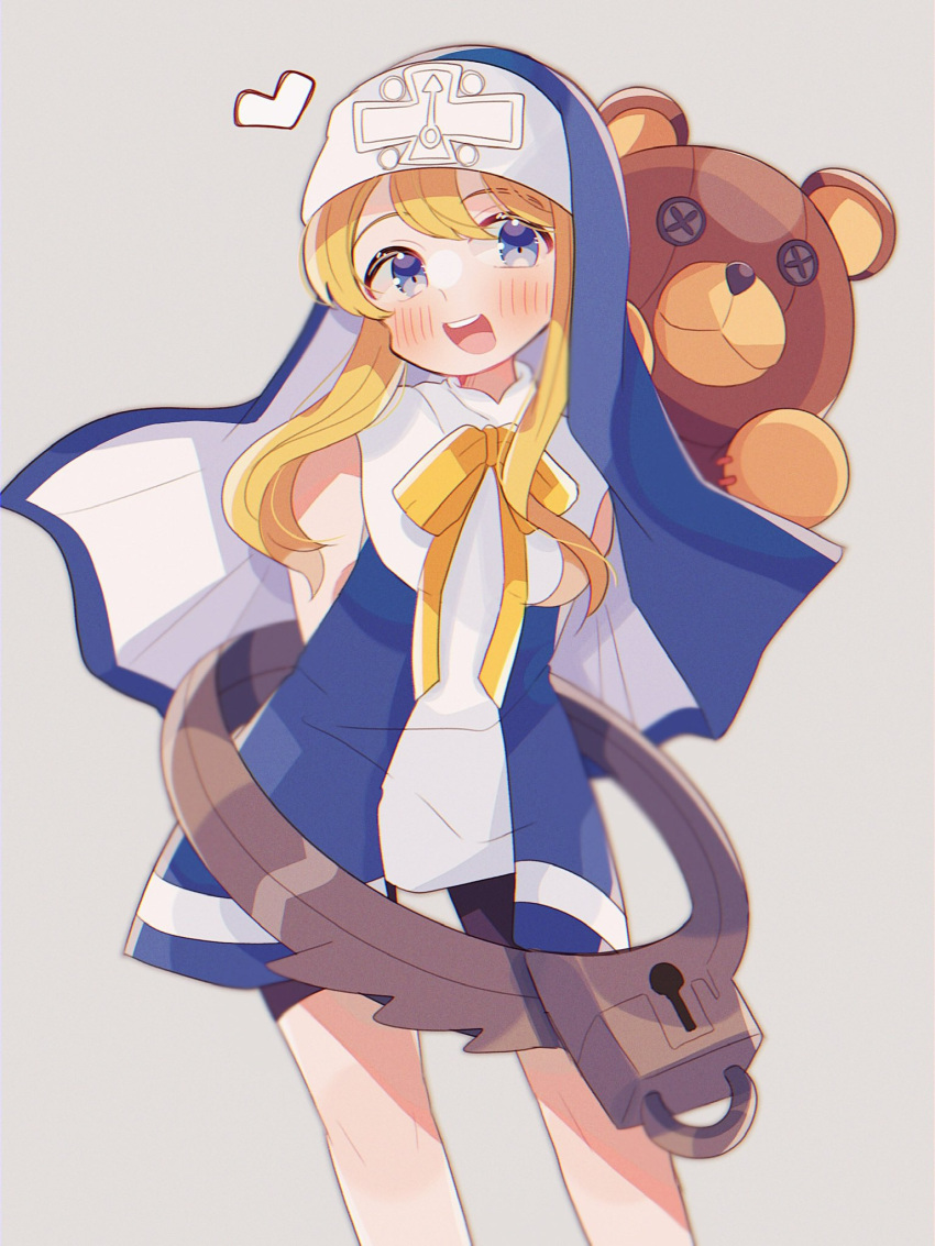 1boy bike_shorts blonde_hair blue_dress blue_eyes bow bridget_(guilty_gear) cuffs dress guilty_gear guilty_gear_xx habit handcuffs highres looking_at_viewer male_focus mars_symbol nun open_mouth otoko_no_ko ribbon roger_(guilty_gear) short_hair_with_long_locks stuffed_animal stuffed_toy teddy_bear uouomon0808 yellow_bow yellow_ribbon