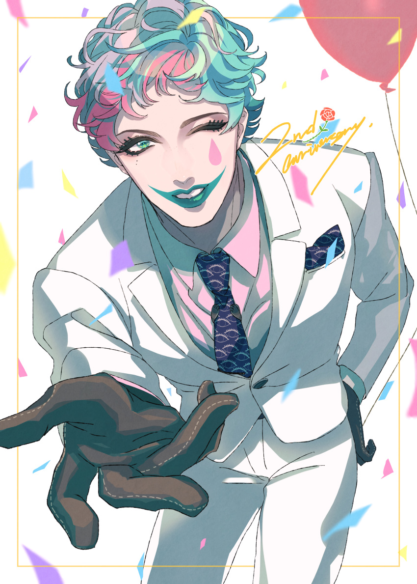 1boy absurdres aqua_hair border brown_gloves collared_shirt confetti formal gloves green_eyes green_lips highres jacket joe_rikiichi leaning_forward makeup male_focus multicolored_hair necktie nijisanji one_eye_closed pants pink_hair purple_necktie reaching_towards_viewer sazanamiryo shirt short_hair solo standing suit teardrop_facial_mark virtual_youtuber white_background white_jacket white_pants