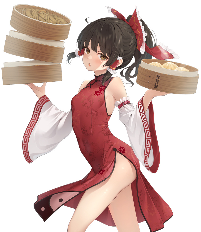 1girl ass brown_hair china_dress chinese_clothes detached_sleeves dress dumpling floral_print food from_side hakurei_reimu highres holding holding_tray kanpa_(campagne_9) looking_at_viewer red_dress solo thighs touhou tray white_background