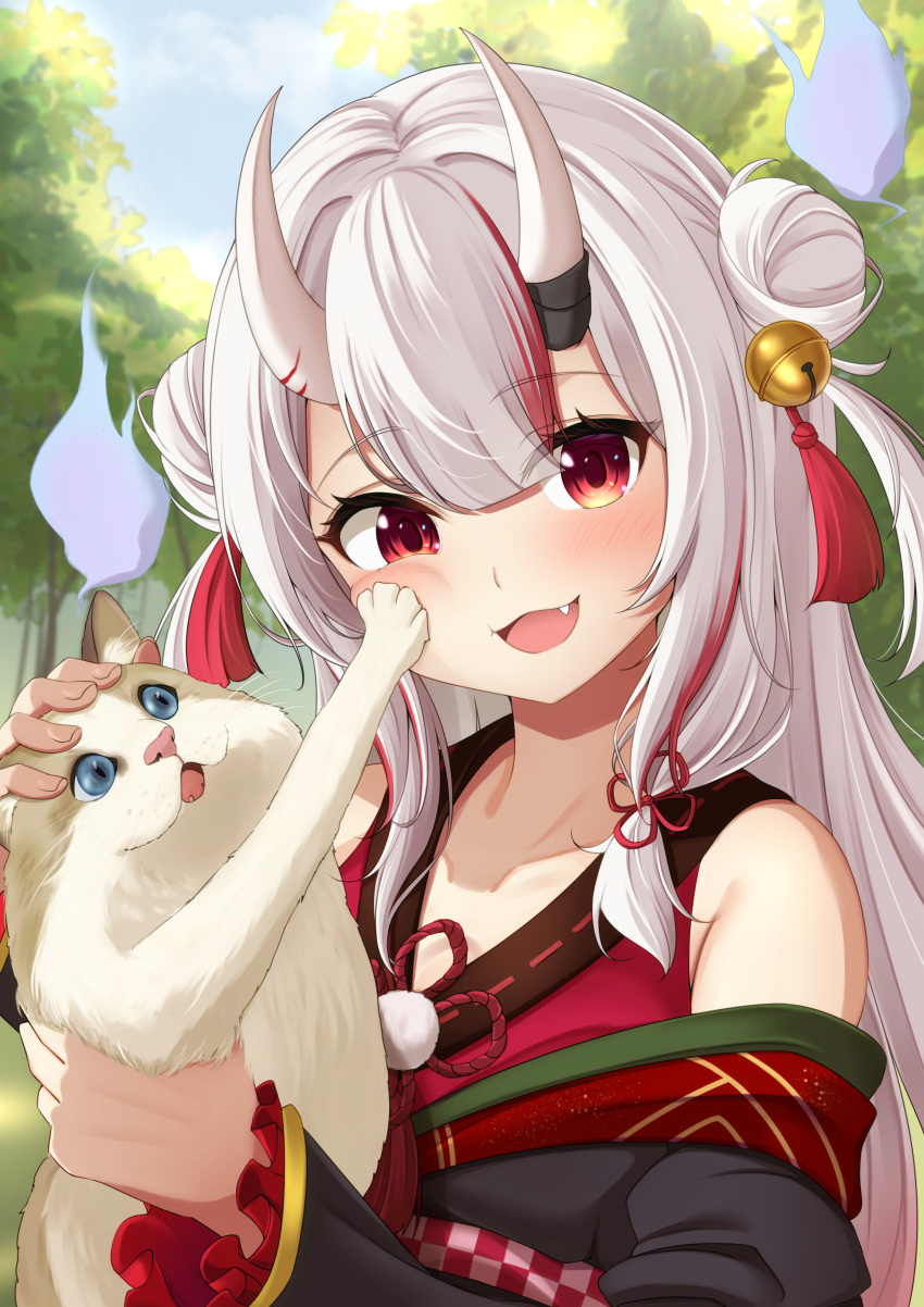 1girl absurdres bell blush cat collarbone day double_bun fang hair_bun highres hololive horns japanese_clothes jingle_bell kaigan kimono looking_at_viewer multicolored_hair nakiri_ayame oni oni_horns open_mouth outdoors red_eyes red_hair smile solo virtual_youtuber white_hair will-o'-the-wisp_(mythology)