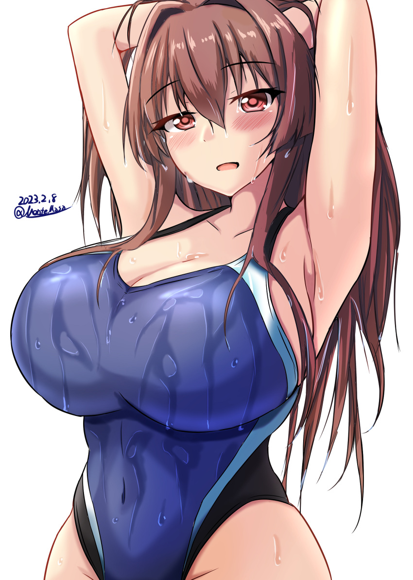 1girl black_one-piece_swimsuit blue_one-piece_swimsuit breasts brown_eyes brown_hair collarbone competition_swimsuit covered_navel dated highleg highleg_swimsuit highres huge_breasts impossible_clothes kantai_collection large_breasts long_hair looking_at_viewer montemasa one-hour_drawing_challenge one-piece_swimsuit ponytail simple_background smile solo swimsuit twitter_username two-tone_swimsuit wet wet_clothes wet_swimsuit white_background yamato_(kancolle)