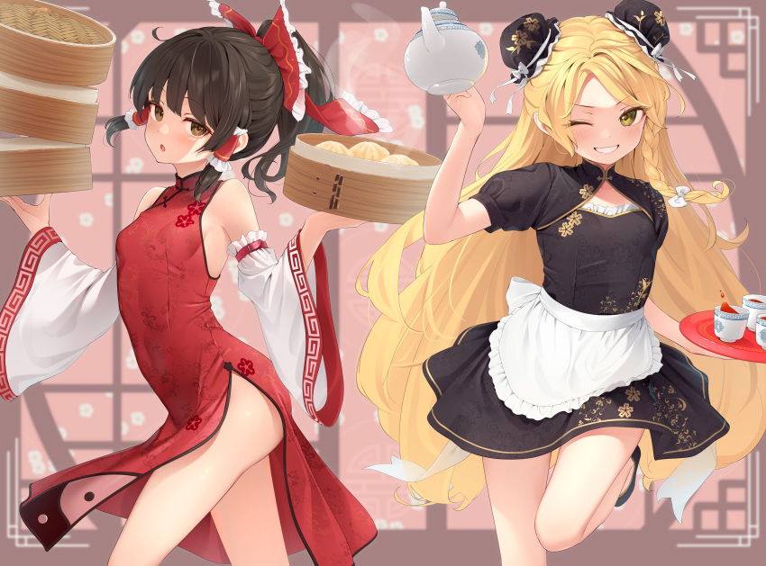 2girls :o ;d absurdres adapted_costume alternate_costume apron ass back_bow bamboo_steamer bangs baozi bare_shoulders belt black_dress black_footwear blonde_hair blurry blurry_background blush bow box braid breasts brown_eyes brown_hair bun_cover china_dress chinese_clothes closed_mouth commentary_request cup detached_sleeves double_bun dress eyelashes flat_chest floral_background floral_print flower food frills from_side grin hair_between_eyes hair_bow hair_bun hair_ornament hair_tubes hakurei_reimu hands_up highres holding holding_box holding_kettle holding_tray kanpa_(campagne_9) kettle kirisame_marisa leg_up long_hair long_sleeves looking_at_viewer mandarin_collar medium_breasts multiple_girls no_headwear one_eye_closed open_mouth pink_background ponytail puffy_short_sleeves puffy_sleeves red_belt red_bow red_dress red_flower round_window shoes short_hair short_ponytail short_sleeves side_slit sideboob single_braid sleeveless sleeveless_dress small_breasts smile standing standing_on_one_leg steam tea teeth tongue touhou tray v-shaped_eyebrows very_long_hair waves white_apron white_bow white_flower wide_sleeves window yellow_eyes yellow_flower yin_yang yin_yang_print