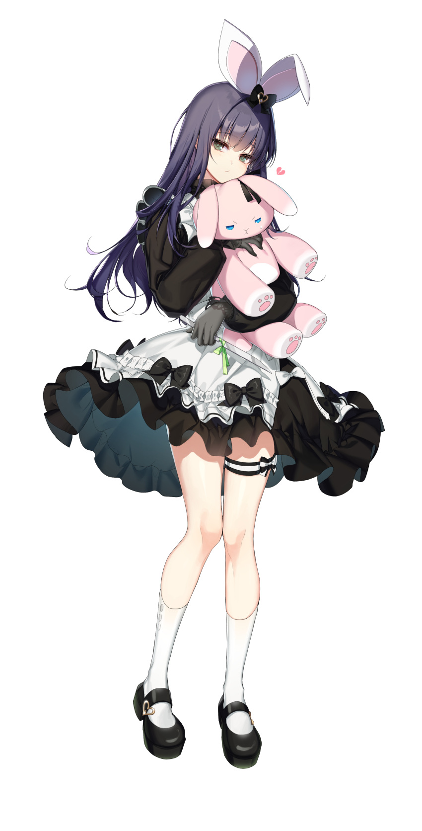 1girl absurdres animal_ears apron black_bow black_dress black_footwear blue_hair bow broken_heart closers dark_blue_hair dress eunha_(closers) expressionless fake_animal_ears frilled_apron frilled_dress frills full_body gloves green_eyes grey_gloves hair_bow highres holding holding_knife holding_stuffed_toy kneehighs knees_together_feet_apart knife long_hair long_sleeves looking_at_viewer mary_janes object_hug official_art puffy_long_sleeves puffy_sleeves rabbit_ears shoes short_dress socks solo standing stuffed_animal stuffed_bunny stuffed_toy tachi-e thigh_bow thigh_strap white_apron white_background white_socks