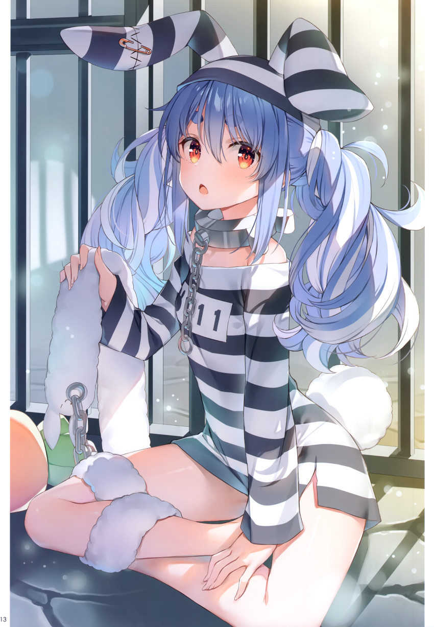 1girl absurdres animal_ears bangs blue_hair highres hololive looking_at_viewer multicolored_hair orange_hair rabbit_tail scan simple_background sitting solo striped tail twintails two-tone_hair usada_pekora virtual_youtuber white_hair yuuki_hagure