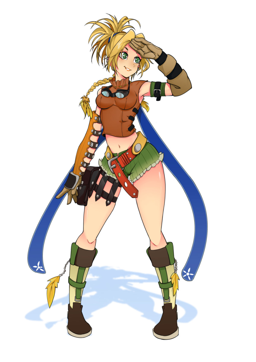 1girl belt blonde_hair boots crop_top delux_drawings elbow_gloves final_fantasy final_fantasy_x full_body gloves green_eyes highres knee_boots loose_belt navel rikku_(ff10) short_shorts shorts sleeveless smile solo standing stomach