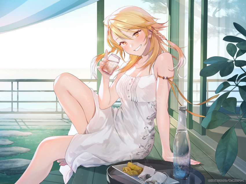 1girl arm_support armpit_crease bangs bare_legs bare_shoulders barefoot blonde_hair braid breasts character_request copyright_request dress foot_out_of_frame glass_bottle grin head_tilt highres jar knee_up legs long_hair looking_at_viewer medium_breasts medium_hair nail_polish okeno_kamoku orange_nails outdoors plant porch potted_plant sitting sleeveless sleeveless_dress smile solo sundress swept_bangs toes veranda water white_dress yellow_eyes