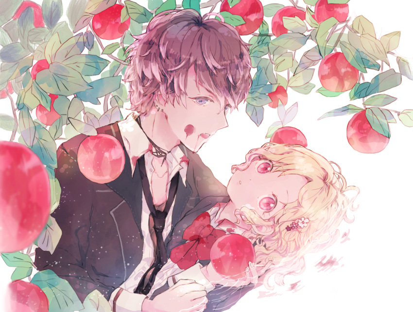 1boy 1girl apple bangs black_jacket black_necktie blonde_hair blood blood_on_clothes blood_on_face blue_eyes bow bowtie brown_hair diabolik_lovers flower food fruit fruit_tree hair_flower hair_ornament hano_luno holding holding_food holding_fruit jacket komori_yui leaning_back mukami_ruki multicolored_hair necktie open_mouth parted_bangs pink_eyes red_bow red_bowtie shirt short_hair tree vampire wavy_hair white_background white_shirt