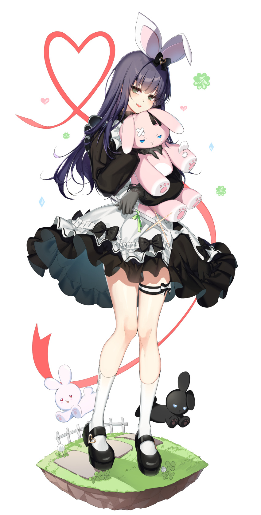 1girl :d absurdres animal_ears apron black_bow black_dress black_footwear black_rabbit_(animal) blue_hair bow closers clover crystal dandelion dark_blue_hair dress eunha_(closers) fake_animal_ears fence flower four-leaf_clover frilled_apron frilled_dress frills full_body gloves green_eyes grey_gloves hair_bow heart highres holding holding_knife holding_stuffed_toy kneehighs knees_together_feet_apart knife long_hair long_sleeves looking_at_viewer mary_janes object_hug official_art on_grass puffy_long_sleeves puffy_sleeves rabbit_ears red_ribbon ribbon shoes short_dress smile socks solo standing stepping_stones stuffed_animal stuffed_bunny stuffed_toy tachi-e teeth thigh_bow thigh_strap upper_teeth_only white_apron white_background white_rabbit_(animal) white_socks wooden_fence