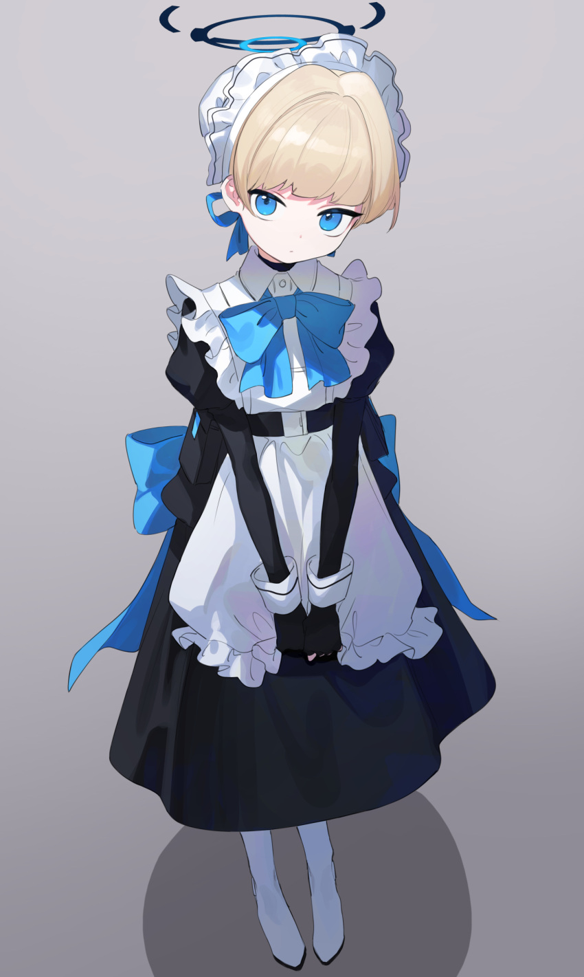 1girl aged_down apron back_bow black_dress black_gloves blonde_hair blue_archive blue_bow blue_bowtie blue_eyes blue_ribbon bow bowtie closed_mouth dress frilled_apron frills full_body gloves grey_background hair_ribbon halo highres juliet_sleeves long_sleeves looking_at_viewer maid maid_apron maid_headdress puffy_sleeves ribbon short_hair signalviolet simple_background solo toki_(blue_archive) white_apron white_footwear
