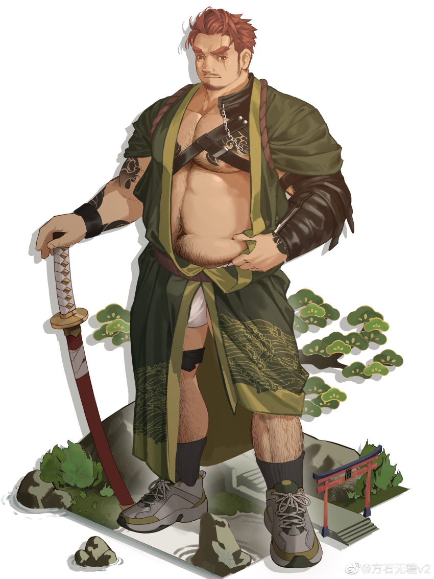 1boy absurdres arm_tattoo bara belly belly_grab bulge chest_hair chest_harness chest_tattoo facial_hair fundoshi giant giant_male goatee green_kimono hairy harness highres japanese_clothes kimono large_pectorals leg_hair leg_wrap long_sideburns looking_at_viewer male_focus male_underwear male_underwear_peek mature_male muscular muscular_male mustache navel navel_hair nipple_slip nipples open_clothes open_kimono orange_hair original pectoral_cleavage pectorals planted planted_sword plump scar scar_across_eye shoes short_hair shrine sideburns smile socks solo stomach sword tattoo thick_eyebrows underwear weapon white_male_underwear wutang