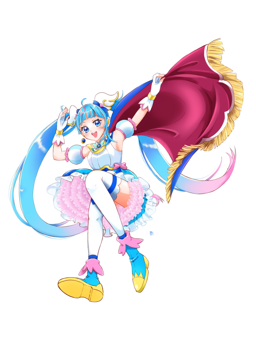 1girl absurdres blue_eyes blue_hair blue_skirt boots brooch cape cure_sky detached_sleeves fingerless_gloves frills fujisaki_star full_body gloves highres hirogaru_sky!_precure jewelry long_hair magical_girl open_mouth precure puffy_detached_sleeves puffy_sleeves shirt single_sidelock skirt smile sora_harewataru thighhighs twintails two-sided_cape two-sided_fabric visual_novel white_background white_shirt white_thighhighs wing_brooch wing_hair_ornament