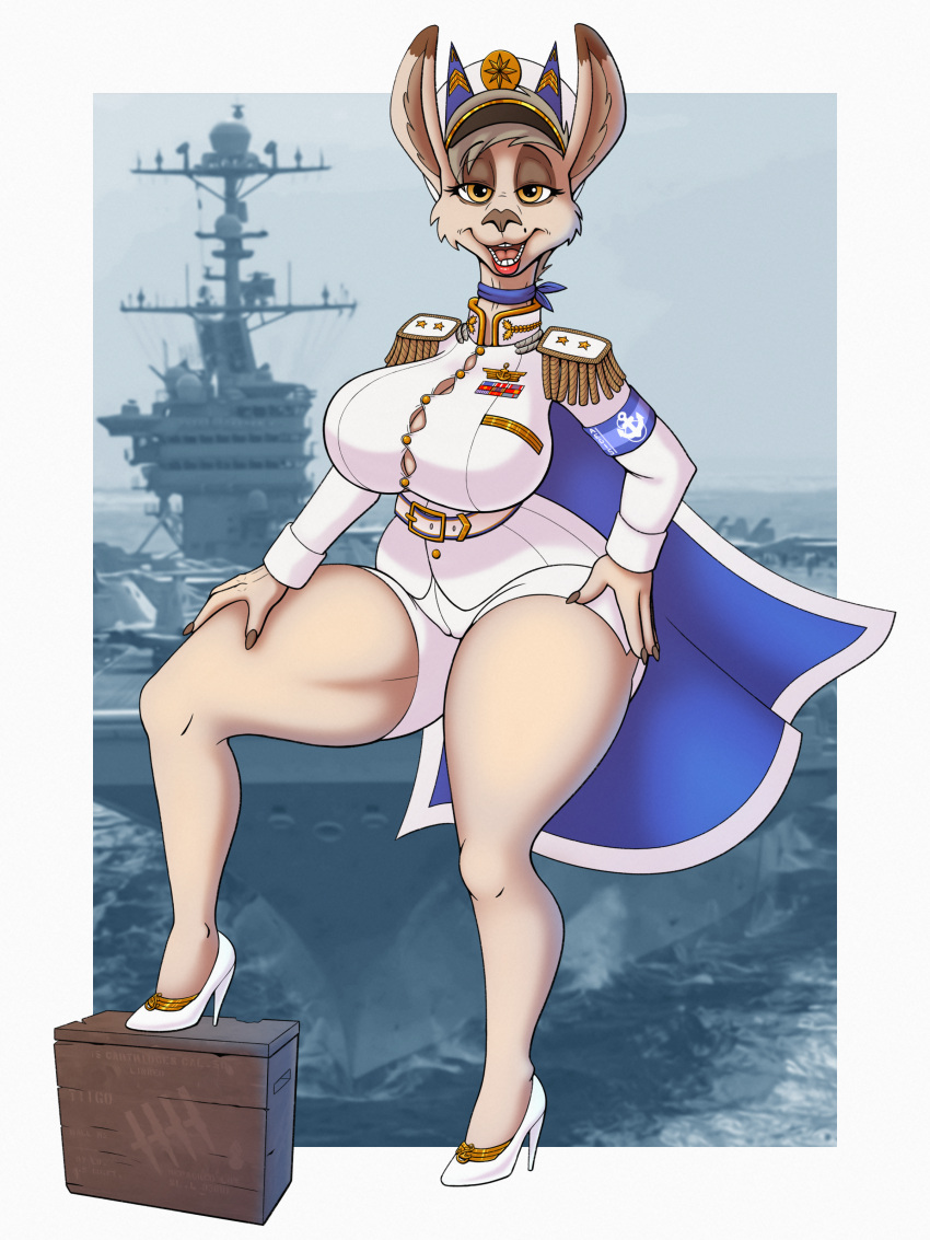 absurd_res admiral age_difference ammunition anthro bedroom_eyes big_breasts breasts camelid clothing female footwear hat headgear headwear hi_res high_heels karla_maria_bustos_soto llama mammal markings mole_(marking) narrowed_eyes officer older_female open_mouth raki_boi seductive smile solo thick_thighs tight_clothing uniform white_clothing wide_hips