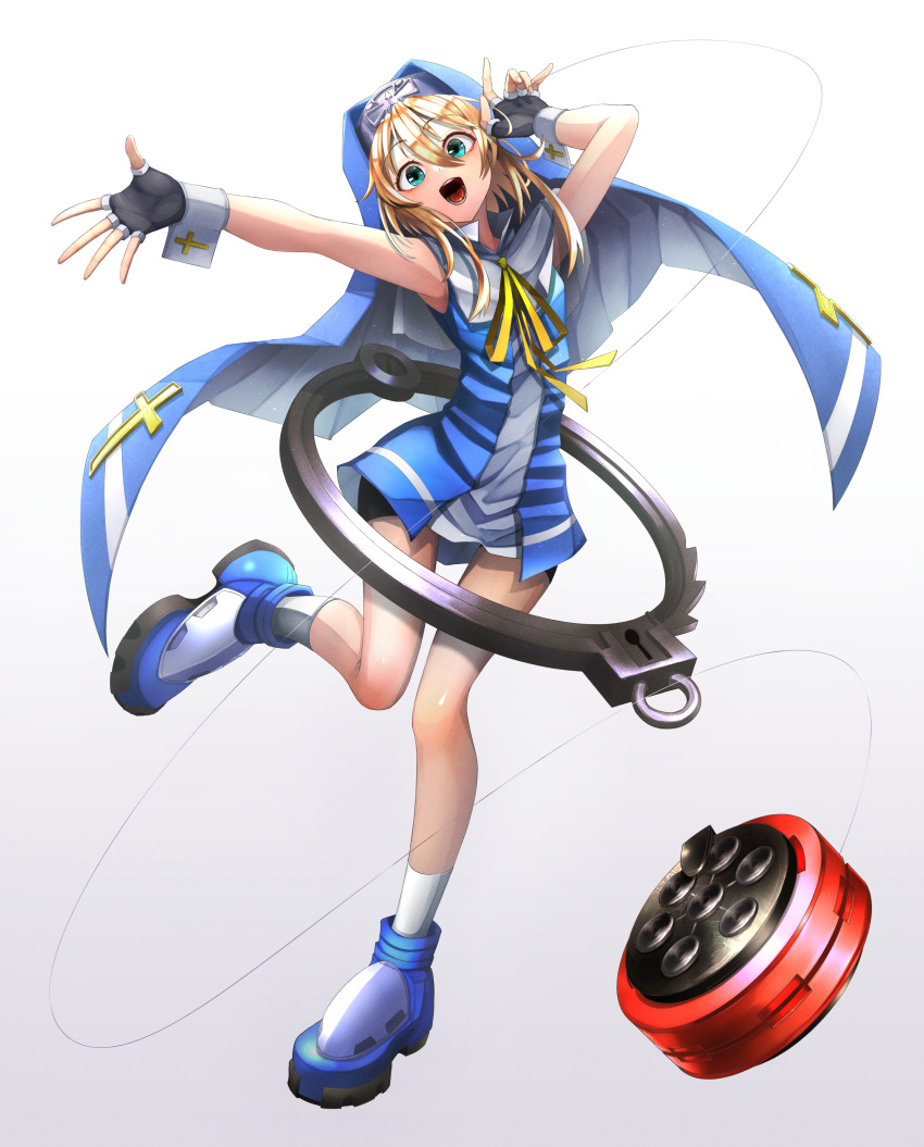 1boy absurdres aqua_eyes bike_shorts black_gloves blonde_hair blue_dress bow bridget_(guilty_gear) cross cuffs doro9363 dress fingerless_gloves full_body gloves guilty_gear guilty_gear_xx habit handcuffs highres latin_cross looking_at_viewer male_focus mars_symbol nun otoko_no_ko ribbon short_hair_with_long_locks standing standing_on_one_leg yellow_bow yellow_ribbon yo-yo