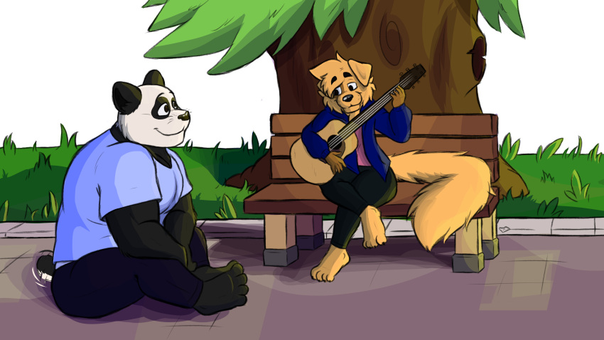 absurd_res anthro bear bench bird_dog brown_eyes canid canine canis cheek_tuft clothing diggy_(diggydog) diggydog domestic_dog duo facial_tuft floppy_ears fluffy fluffy_tail fur fur_markings giant_panda golden_retriever grass guitar hi_res hunting_dog looking_at_another lucas_(diggydog) male male/male mammal markings muscular muscular_male musical_instrument outside plant plucked_string_instrument retriever simple_background sitting sitting_on_ground size_difference smile smiling_at_each_other string_instrument sweater tail tail_motion tailwag thick_thighs topwear tree tuft whiskers