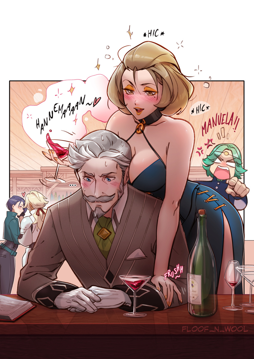 2boys 3girls absurdres alcohol anger_vein blonde_hair blue_hair blush bottle breast_press breasts brown_hair catherine_(fire_emblem) cleavage cocktail_glass cup dress drinking_glass drunk english_text facial_hair fire_emblem fire_emblem:_three_houses floof_n_wool gloves goatee green_hair grey_hair hanneman_von_essar highres leaning_on_person manuela_casagranda multiple_boys multiple_girls mustache seteth_(fire_emblem) shamir_nevrand side_slit speech_bubble wine wine_bottle wine_glass