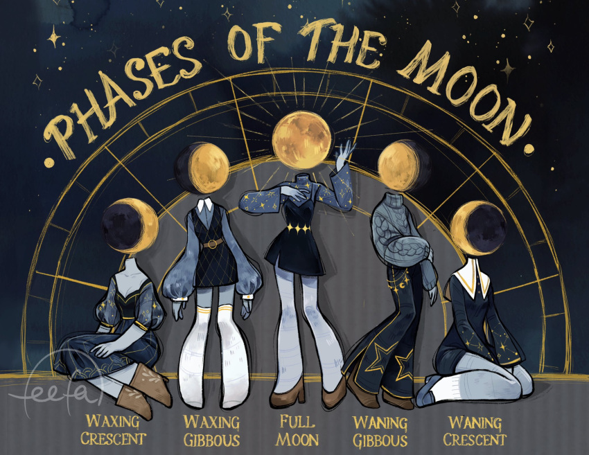 1girl age_progression black_dress character_name commentary constellation_print crescent_moon dress english_commentary english_text faceless faceless_female feefal full_moon gibbous_moon highres moon moon_phases moonlight original personification see-through see-through_sleeves signature space star_(sky) star_(symbol) sweater thighhighs white_thighhighs wrist_cuffs