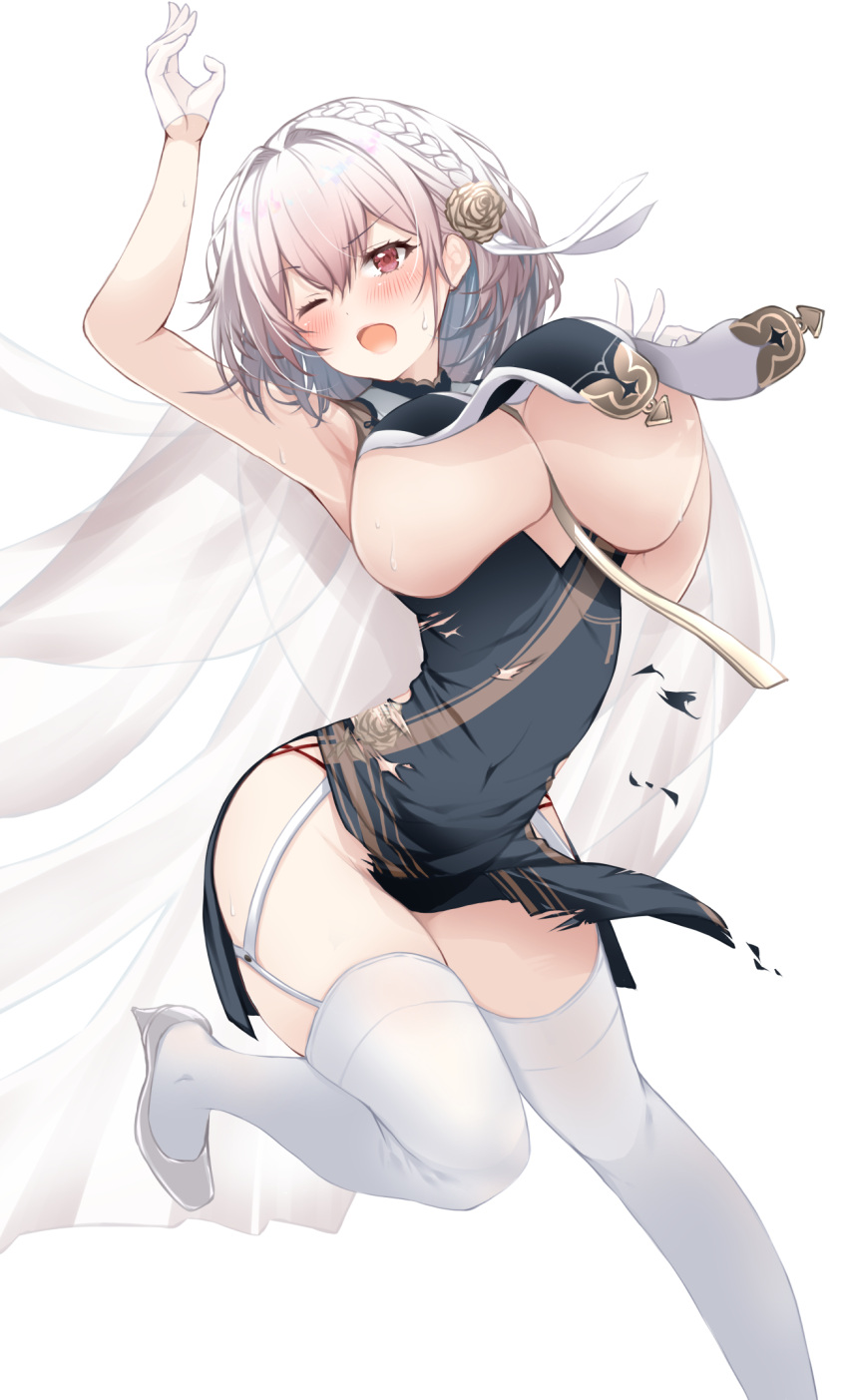 1girl arm_up azur_lane breast_curtains breasts china_dress chinese_clothes commission dress flower foot_out_of_frame gloves grey_dress hair_flower hair_ornament half_gloves high_heels highres large_breasts mikuchi3939 official_alternate_costume one_eye_closed open_mouth pelvic_curtain red_eyes revealing_clothes ribbon_between_breasts shoes short_hair simple_background sirius_(azur_lane) sirius_(azure_horizons)_(azur_lane) skeb_commission solo thighhighs white_background white_footwear white_garter_straps white_hair white_thighhighs