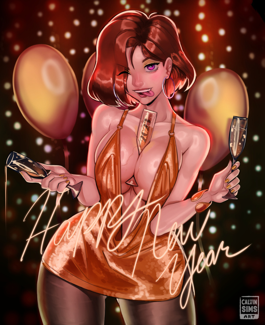 1girl ;p alcohol ass_visible_through_thighs balloon between_breasts black_pantyhose breasts breasts_squeezed_together brown_hair calvin_sims champagne champagne_flute cocktail_dress collarbone commentary covered_nipples cup dress drinking_glass drunk earrings english_commentary eyes_visible_through_hair fang fingernails gold_dress gold_nails hair_over_one_eye happy_new_year highres holding holding_cup hoop_earrings jewelry large_breasts looking_at_viewer nail_polish no_bra nose one_eye_closed original pantyhose plunging_neckline purple_eyes short_dress short_hair side_slit solo spilling standing teeth tongue tongue_out upper_teeth_only w_arms