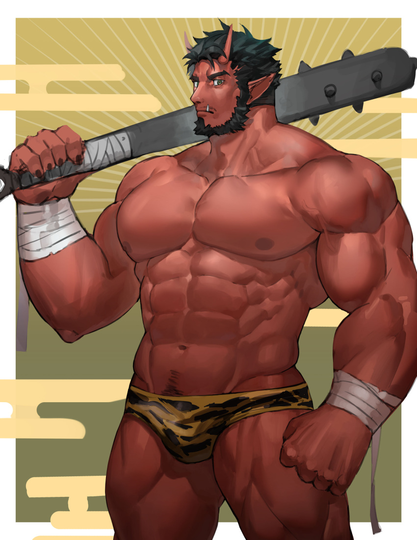 1boy abs absurdres animal_print bandaged_arm bandages bara beard black_hair briefs bulge club_(weapon) colored_skin demon_boy facial_hair feet_out_of_frame highres horns kanabou large_pectorals looking_at_viewer male_focus male_underwear mature_male muscular muscular_male navel navel_hair neumo nipples oni original pectorals pointy_ears print_male_underwear red_oni red_skin setsubun short_hair simple_background skin-covered_horns solo spiked_club standing stomach thick_eyebrows thick_thighs thighs tiger_print topless_male tusks underwear weapon yellow_male_underwear