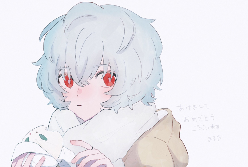 1boy :t animal-shaped_food bangs baozi eating fingernails food food_wrapper grey_hair hair_between_eyes hands_up highres holding holding_food hood hood_down jewelry kuga_yuuma long_sleeves looking_at_viewer male_focus onakasuita_3831 portrait red_eyes ring scarf short_hair simple_background solo white_background white_scarf world_trigger