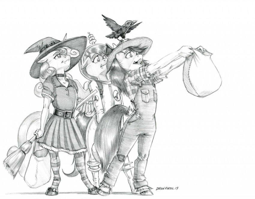 2019 anthro apple_bloom_(mlp) astronaut avian baron_engel bird broom child cleaning_tool clothed clothing corvid corvus_(genus) crow cutie_mark_crusaders_(mlp) equid equine feathers female friendship_is_magic group hair half-closed_eyes halloween halloween_costume hasbro hat headgear headwear holding_bag holding_broom holding_cleaning_tool holding_object holidays hooves horn horse looking_away looking_up magic_user mammal mane mouth_closed my_little_pony narrowed_eyes open_mouth oscine passerine pegasus pony scarecrow scootaloo_(mlp) signature standing sweetie_belle_(mlp) taxidermy trio unicorn unicorn_horn wide_eyed wings witch witch_costume witch_hat young