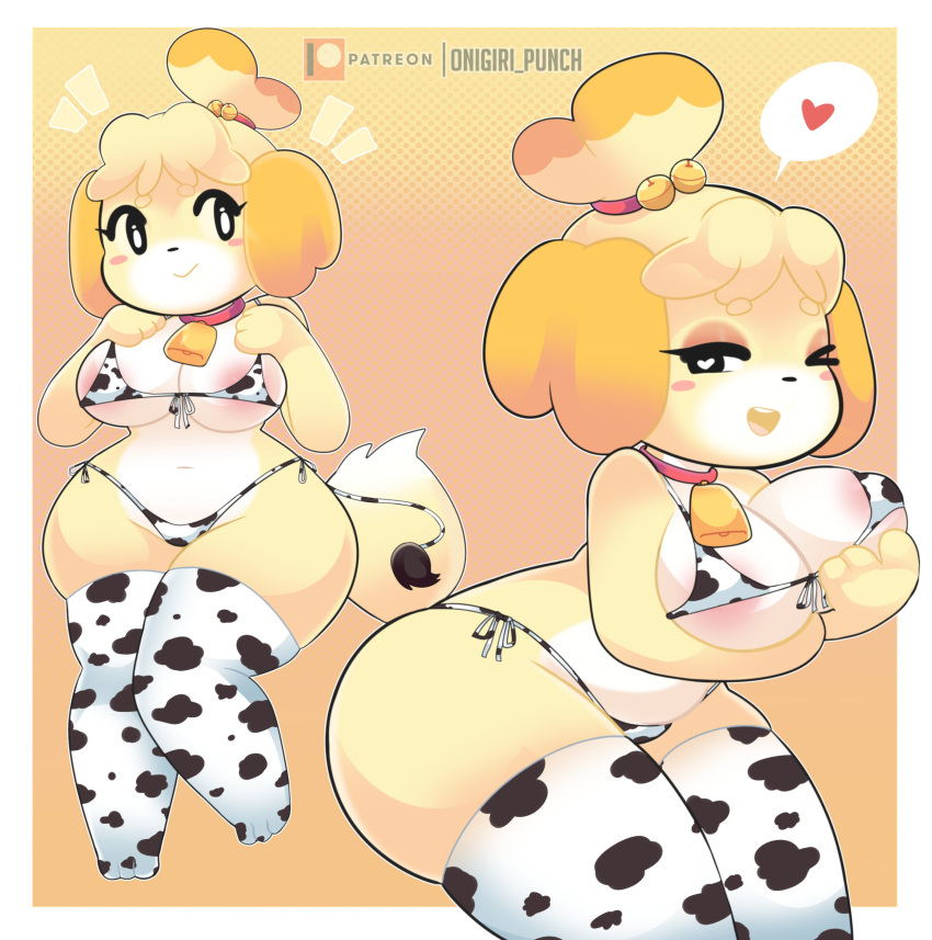 &lt;3 &lt;3_eyes 2_tails 3_fingers 3_toes absurd_res accessory animal_crossing animal_print animal_print_bikini anthro areola areola_slip barefoot bell bell_collar big_breasts bikini blonde_hair blush breasts canid canine canis cleavage clothed clothing collar cow_print cow_print_bikini cow_print_thighhighs cowbell digital_media_(artwork) domestic_dog feet female fingers footwear fur hair hair_accessory hair_bell hi_res isabelle_(animal_crossing) legwear mammal midriff multi_tail navel nintendo one_eye_closed onigiri_punch pattern_bikini pattern_clothing pattern_swimwear simple_background smile solo speech_bubble standing swimwear tail tail_tuft thick_thighs thigh_highs toe_outline toes topwear tuft wink yellow_body yellow_fur