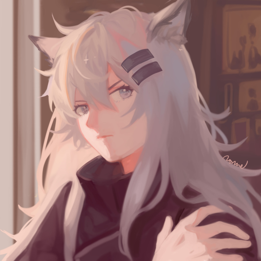 1girl absurdres animal_ears arknights bangs black_jacket grey_eyes grey_hair hair_between_eyes hair_ornament hairclip highres jacket lappland_(arknights) long_hair looking_at_viewer messy_hair solo towne upper_body v-shaped_eyebrows wolf_ears wolf_girl