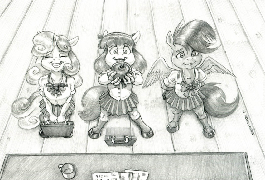 2019 accessory anthro apple apple_bloom_(mlp) baron_engel bow_ribbon briefcase child clenched_teeth clothed clothing cutie_mark_crusaders_(mlp) desk equid equine eyes_closed feathers female food friendship_is_magic fruit furniture group hair hair_accessory hair_bow hair_ribbon hands_behind_back hasbro high-angle_view holding_apple holding_briefcase holding_food holding_fruit holding_object hooves horn horse looking_at_viewer looking_up mammal mane math mug my_little_pony open_mouth paper pegasus plant pony ribbons school_uniform scootaloo_(mlp) signature smile smiling_at_viewer sweetie_belle_(mlp) table teeth tongue trio unicorn unicorn_horn uniform wide_eyed wings young