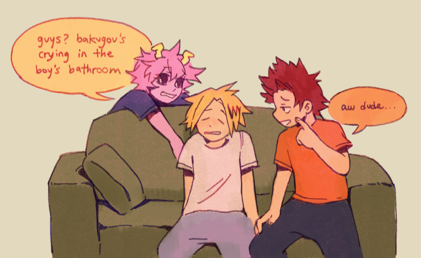 1girl 2boys ashido_mina black_pants black_sclera blonde_hair boku_no_hero_academia closed_eyes colored_sclera colored_skin commentary couch english_commentary english_text fenkko grey_background grey_pants kaminari_denki kirishima_eijirou looking_at_another multiple_boys open_mouth orange_shirt pants pink_hair pink_skin red_hair shirt short_hair simple_background sitting speech_bubble spiked_hair t-shirt white_shirt yellow_horns