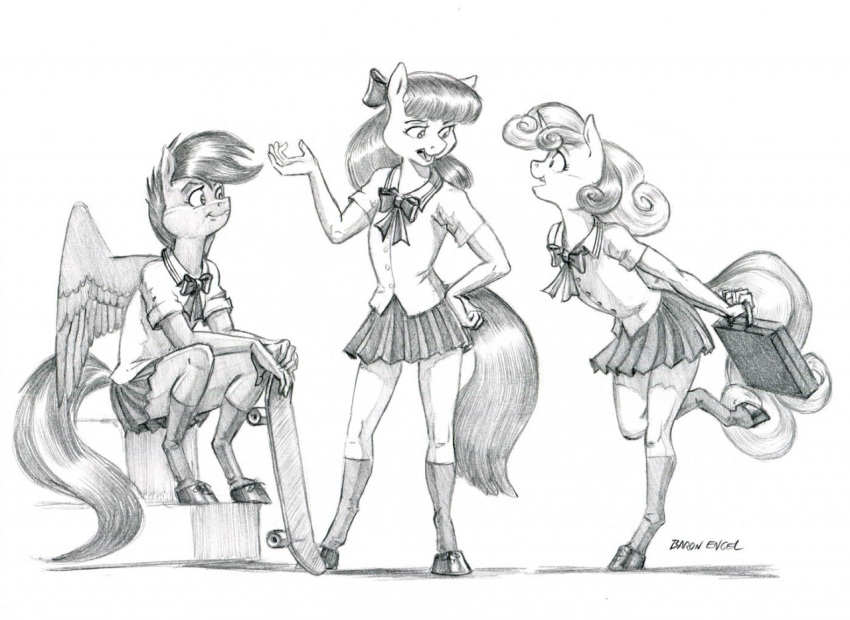 2018 accessory anthro apple_bloom_(mlp) baron_engel bottomwear bow_ribbon briefcase clothed clothing cutie_mark_crusaders_(mlp) dress_shirt equid equine feathers female footwear friendship_is_magic group hair hair_accessory hair_bow hair_ribbon hand_on_hip hasbro holding_briefcase holding_object holding_skateboard hooves horn horse legwear mammal mane my_little_pony on_one_leg open_mouth pegasus pony ribbons school_uniform scootaloo_(mlp) shirt signature sitting skateboard skirt standing stockings sweetie_belle_(mlp) topwear trio unicorn unicorn_horn uniform wide_eyed wings