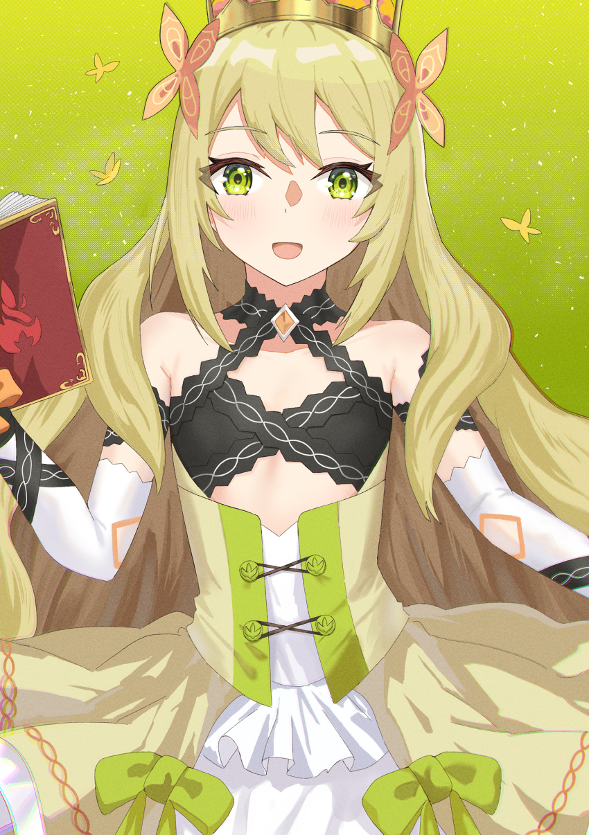 1girl :d absurdres bangs bare_shoulders blonde_hair book bug butterfly butterfly_hair_ornament celine_(fire_emblem) crown dress eyelashes fire_emblem fire_emblem_engage flat_chest green_eyes hair_ornament highres holding holding_book ka_maru long_hair looking_at_viewer open_mouth smile solo very_long_hair yellow_dress