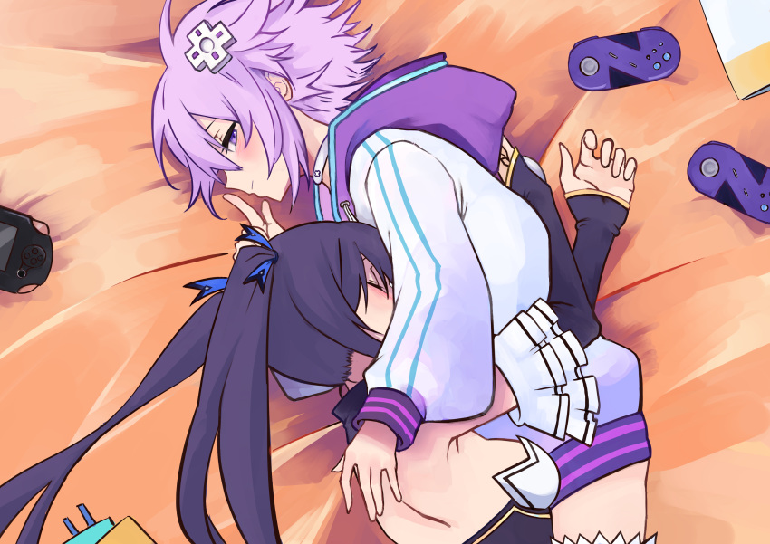 2girls absurdres black_hair blue_ribbon blush choker choujigen_game_neptune closed_eyes finger_to_mouth hair_ornament hairpin handheld_game_console highres hood hooded_jacket hug jacket light_smile long_hair looking_at_viewer looking_to_the_side lying multiple_girls neptune_(neptune_series) neptune_(series) noel_(pixiv5459099) noire_(neptune_series) on_bed on_side playstation_portable purple_eyes purple_hair ribbon short_hair sleeping striped striped_thighhighs thighhighs twintails white_choker yuri