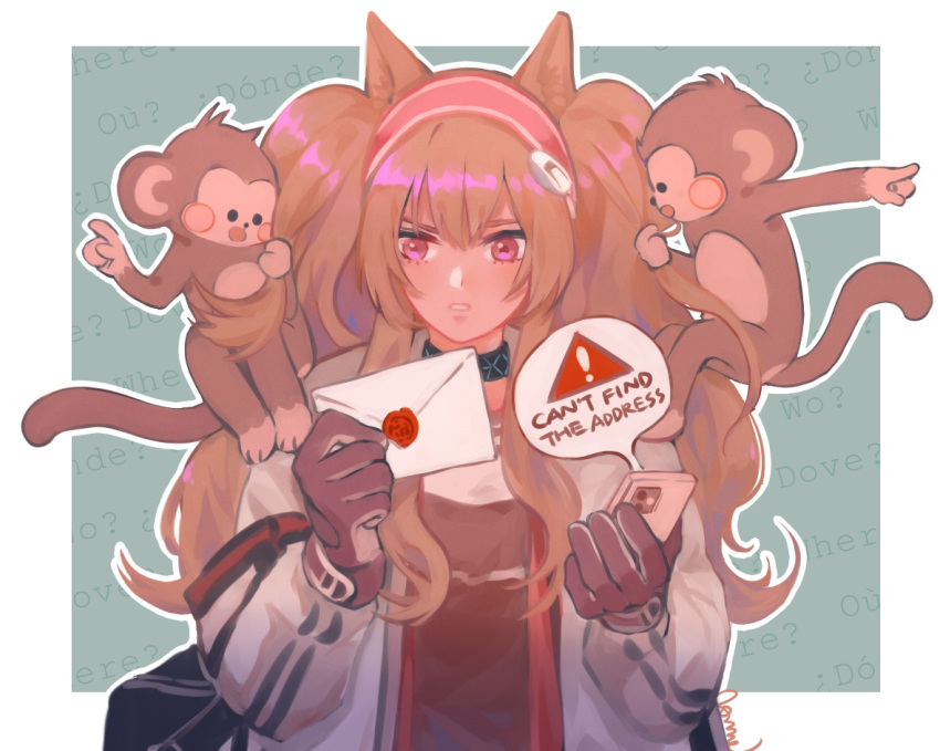 1girl angelina_(arknights) animal_ears animal_on_shoulder arknights bag black_bag black_collar black_gloves black_shirt brown_hair collar envelope fox_ears fox_girl gloves hair_ornament hairband hairclip holding holding_envelope infection_monitor_(arknights) jacket long_hair monkey off_shoulder open_clothes open_jacket red_eyes shirt shoulder_bag solo towne twintails upper_body wax_seal white_jacket