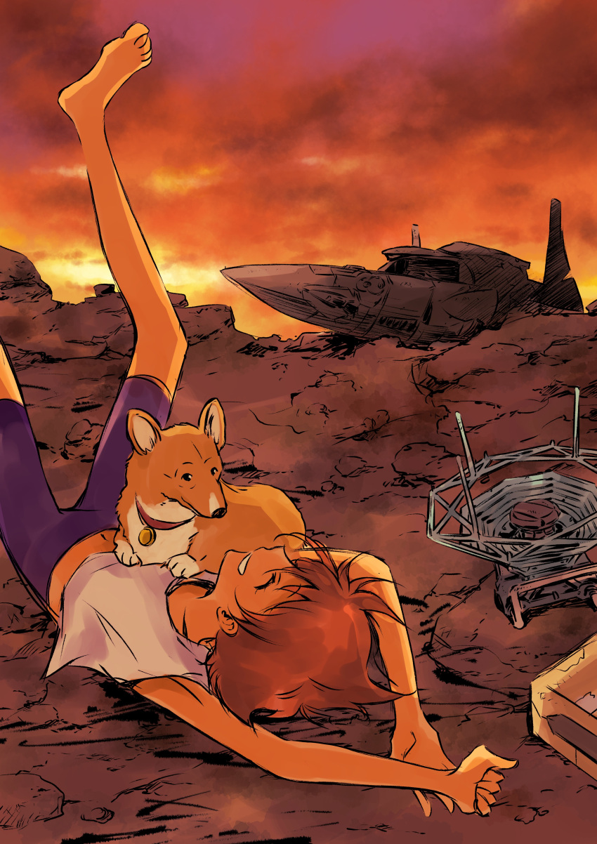 absurd_res barefoot canid canine canis collar cowboy_bebop domestic_dog duo edward_wong_hau_pepelu_tivruski_iv ein_(cowboy_bebop) eyes_closed feet female herding_dog hi_res human male mammal orange_sky pastoral_dog tobalin welsh_corgi