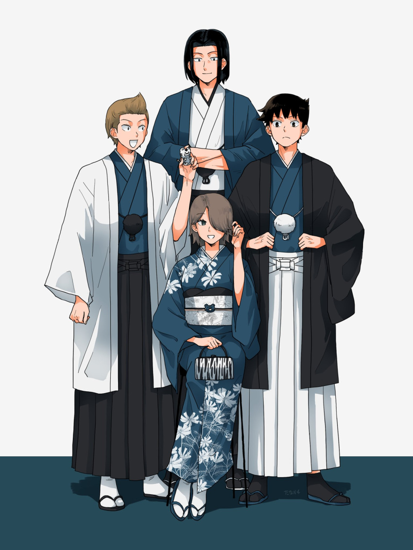 1girl 3boys :d adjusting_clothes adjusting_hair arm_at_side azuma_haruaki bag black_footwear black_hair black_hakama black_socks blue_coat blue_footwear blue_kimono blue_theme coat crossed_arms full_body grey_background hair_over_one_eye hakama hand_up handbag hands_in_opposite_sleeves haori haori_himo highres hitomi_mako holding holding_bag japanese_clothes kimono koarai_noboru long_sleeves looking_at_another looking_at_viewer looking_away multiple_boys obi okudera_tsuneyuki one_eye_covered rism02682 sash short_hair smile socks standing stuffed_animal stuffed_tiger stuffed_toy tabi tiger_stripes white_background white_coat white_footwear white_hakama white_kimono white_socks wide_sleeves world_trigger zouri