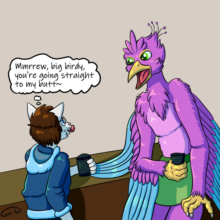 anthro avian avian_feet beak biped bird blue_body clothing domestic_cat english_text feathered_crest feathered_wings feathers felid feline felis galliform green_eyes gyro_feather gyrotech head_crest hi_res hoodie male mammal peafowl phasianid pink_body scarf tail_feathers text topwear tybalt_(tastytales) winged_arms wings