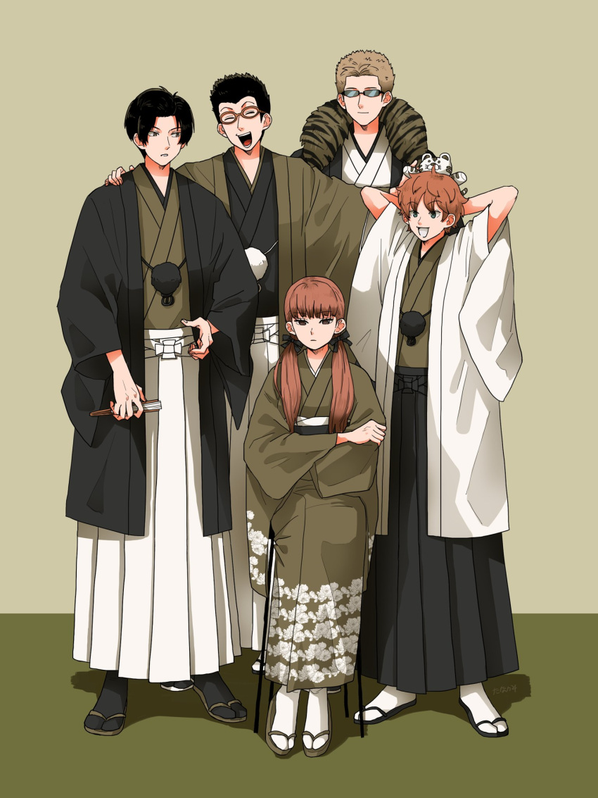 1girl 4boys ^_^ arms_behind_head black_bow black_coat black_footwear black_hair black_hakama black_kimono black_socks bow closed_eyes coat crossed_arms facing_viewer floral_print folded_fan folding_fan full_body glasses green_coat green_footwear green_kimono hair_bow hair_over_shoulder hakama hand_fan hand_on_another's_shoulder haori haori_himo highres holding holding_fan japanese_clothes kimono kusakabe_saki long_hair long_sleeves looking_at_another looking_at_viewer looking_away low_twintails midorikawa_shun multiple_boys obi object_on_head open_mouth outstretched_arms pelt rism02682 saeki_ryuuji sash satomi_kazuma sideways_glance socks standing stuffed_animal stuffed_tiger stuffed_toy tabi tiger_stripes twintails uno_hayato white_coat white_footwear white_hakama white_socks wide_sleeves world_trigger zouri