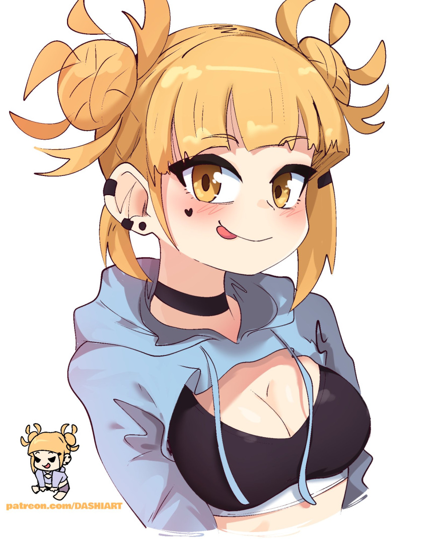 1girl bangs black_choker blonde_hair blunt_bangs blush boku_no_hero_academia bra breasts chibi choker cleavage closed_mouth commentary dashi drawstring ear_piercing hair_bun hair_ornament hairclip heart highres hood hoodie looking_at_viewer messy_hair piercing simple_background smile solo symbol-only_commentary toga_himiko underwear upper_body white_background yellow_eyes