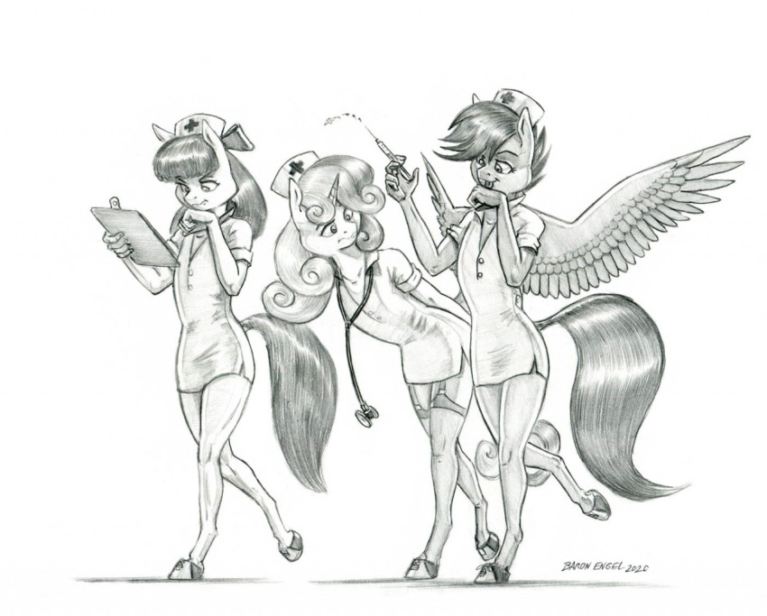 2020 accessory anthro apple_bloom_(mlp) baron_engel bow_ribbon clipboard clothing cutie_mark_crusaders_(mlp) equid equine feathers female footwear friendship_is_magic group hair hair_accessory hair_bow hair_ribbon hasbro holding_clipboard holding_object holding_syringe hooves horn horse legwear looking_at_another mammal mane medical_instrument mouth_closed my_little_pony nurse nurse_clothing nurse_uniform pegasus pony ribbons scientific_instrument scootaloo_(mlp) signature stethoscope stockings sweetie_belle_(mlp) syringe tongue tongue_out trio unicorn unicorn_horn uniform wide_eyed wings