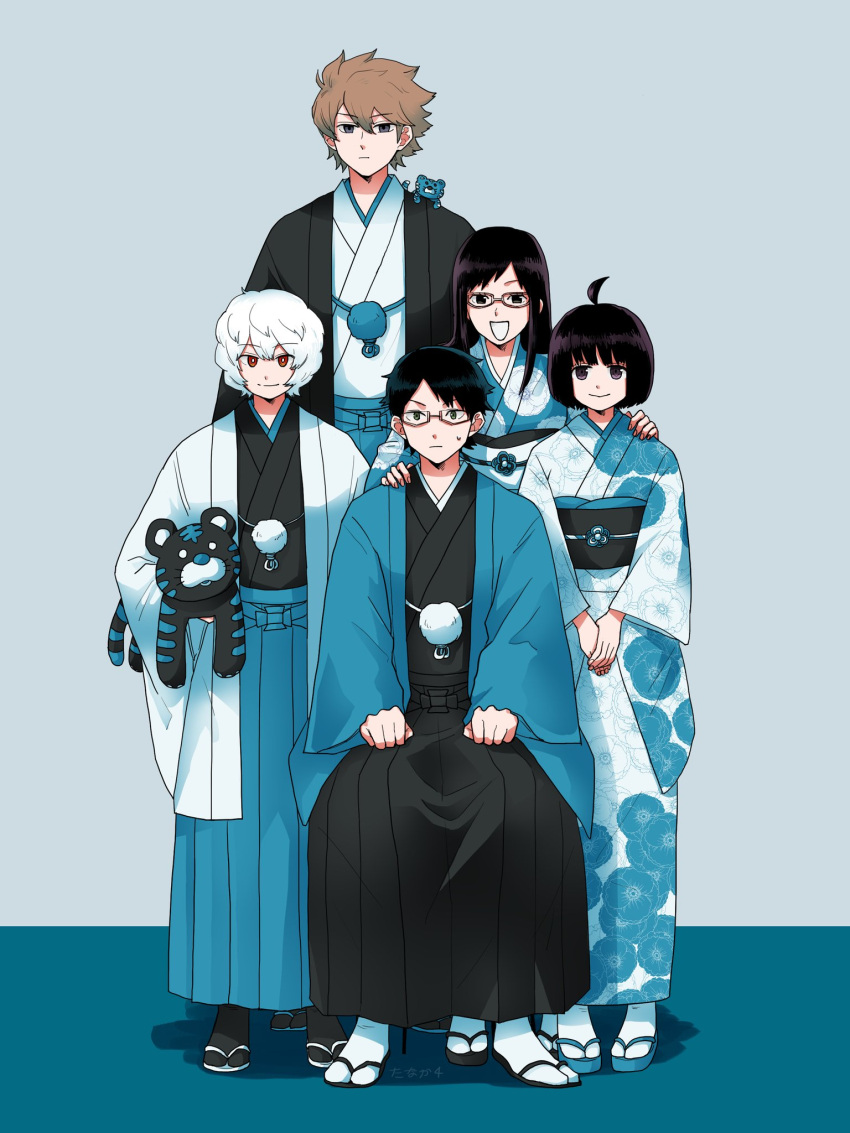 2girls 3boys :d ahoge amatori_chika bangs black_footwear black_hair black_hakama black_kimono black_socks blue_coat blue_footwear blue_hakama blue_kimono blue_theme bob_cut brown_hair carrying carrying_under_arm closed_mouth coat floral_print full_body geta glasses grey_background hakama hand_on_another's_shoulder haori haori_himo happy highres japanese_clothes kimono kuga_yuuma long_hair long_sleeves looking_at_viewer mikumo_osamu multiple_boys multiple_girls nervous own_hands_together red_eyes rism02682 semi-rimless_eyewear short_hair sitting smile socks standing stuffed_animal stuffed_tiger stuffed_toy tabi under-rim_eyewear usami_shiori v_arms white_coat white_hair white_kimono white_socks wide_sleeves world_trigger zouri