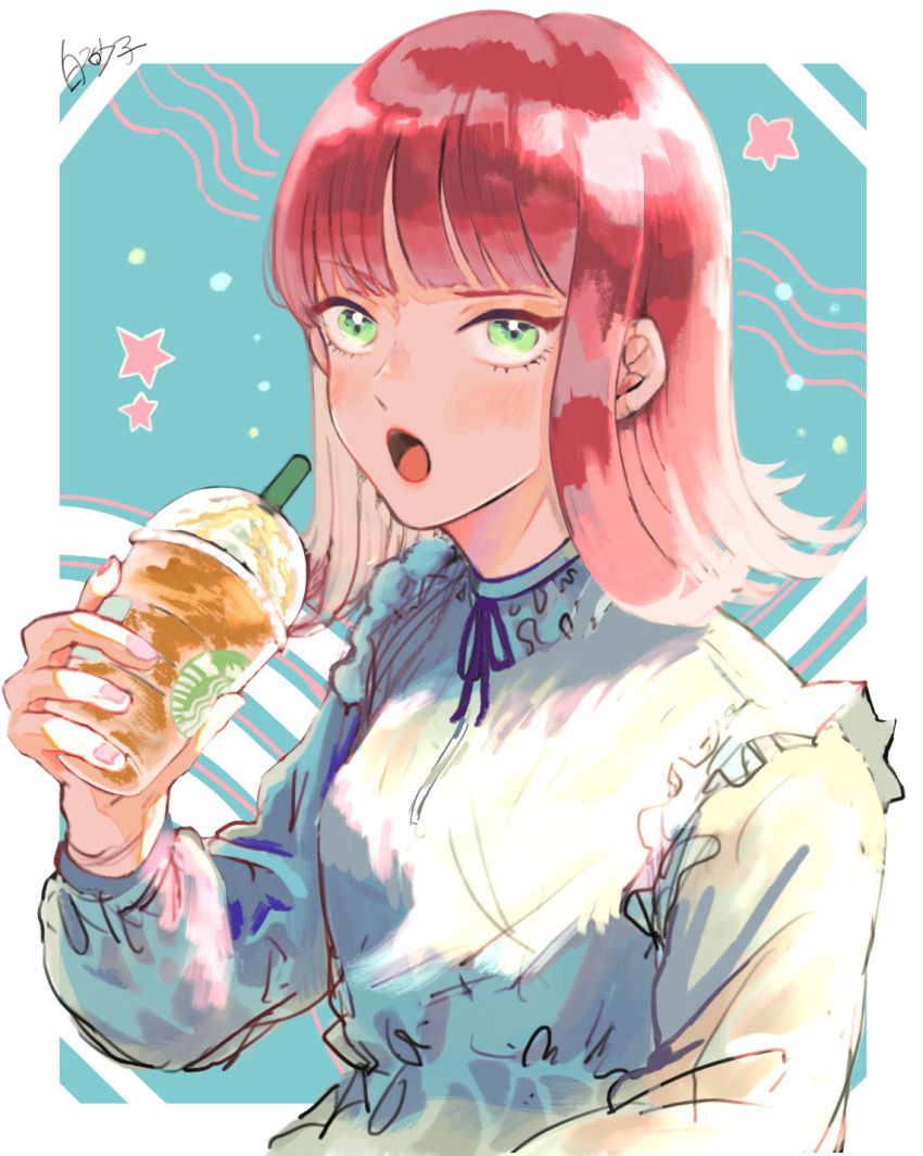 1girl :o bangs blue_background blunt_bangs breasts cup disposable_cup flipped_hair frilled_shirt_collar frills green_eyes hand_up highres holding holding_cup katori_youko long_sleeves looking_at_viewer open_mouth outside_border pink_nails red_hair short_hair sirasu_ko small_breasts solo star_(symbol) unfinished upper_body world_trigger