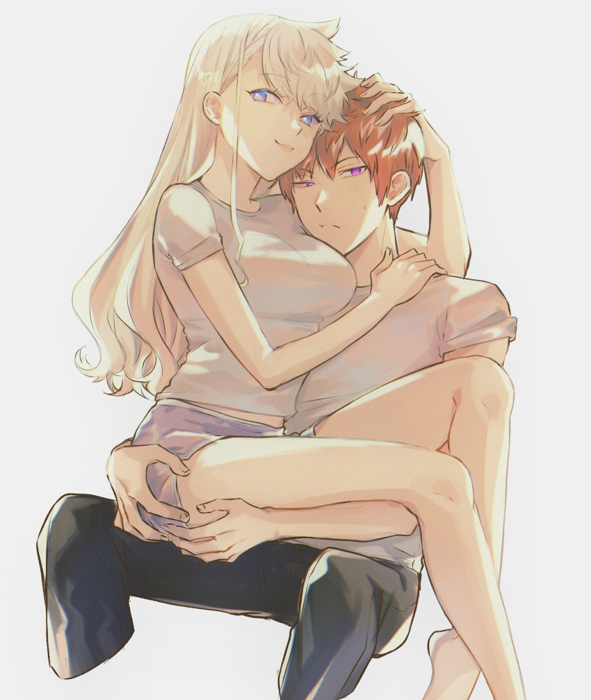 1boy 1girl absurdres arafune_tetsuji bangs bare_arms barefoot black_pants blonde_hair blue_eyes breasts closed_mouth couple cropped_legs frown genderswap genderswap_(mtf) grey_background hair_behind_ear hand_on_another's_head hand_on_another's_shoulder hands_on_ass head_rest hetero highres inukai_sumiharu invisible_chair knee_up kuzumiya_yuyu long_hair long_sleeves looking_at_viewer looking_to_the_side pants plantar_flexion purple_eyes purple_shorts red_hair shirt short_hair short_sleeves shorts simple_background sitting sitting_on_lap sitting_on_person smile t-shirt uneven_eyes white_shirt world_trigger