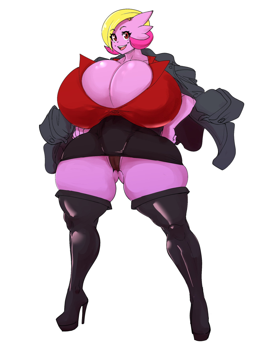 absurd_res anthro bewbchan big_breasts boots bottomwear breasts camel_toe cleavage clothed clothing curvy_figure digital_media_(artwork) female female_focus footwear gabby_(gardevoir) game_freak gardevoir generation_3_pokemon hair hi_res huge_breasts humanoid jacket legwear looking_at_viewer mammal nintendo pink_body pink_hair pokemon pokemon_(species) red_eyes shirt simple_background skirt smile solo standing thick_thighs thigh_boots thigh_gap thigh_highs topwear underwear voluptuous white_background wide_hips