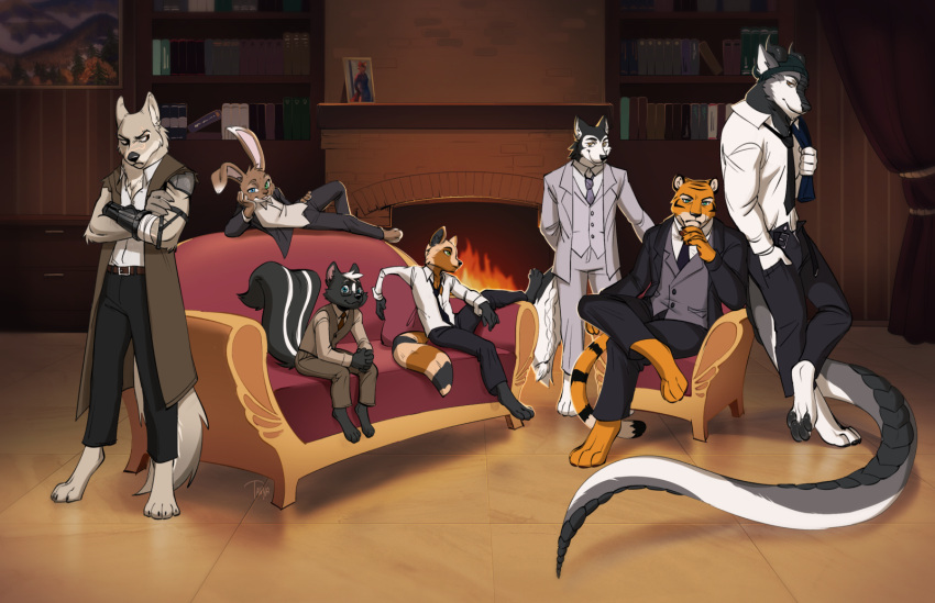 anthro book bookshelf canid canine canis chair clothing coat dressed_up felid feline fireplace formal formal_wear furniture group group_shot hearth hi_res hybrid jacket jacket_on_shoulders jake_thumpings lagomorph legend_of_ahya leporid liam_mchowl living_room male mammal max_thrash mephitid mikhail_joan necktie pantherine procyonid rabbit raccoon sebastian_hrunting size_difference skunk sofa steven_stinkman suave suit suit_jacket suits tavyapl tiger topwear wolf