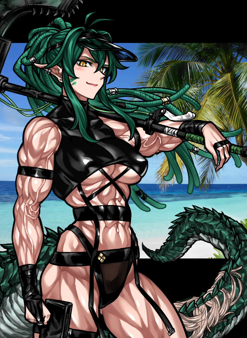 1girl abs absurdres arknights bare_shoulders blue_sky breasts character_name closed_mouth copyright_name covered_nipples gavial_(arknights) green_hair highres holding holding_weapon large_breasts light_smile muscular muscular_female over_shoulder palm_tree pointy_ears scales sky solo standing tail tree underboob veins visor_cap weapon weapon_over_shoulder yotaro