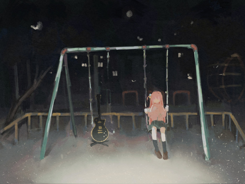 1girl bare_tree black_socks bocchi_the_rock! cube_hair_ornament electric_guitar faceless faceless_female facing_viewer gibson_les_paul gotou_hitori grey_skirt guitar hair_ornament highres hj_hikari0606 instrument jacket light_particles loafers long_hair long_sleeves moon night one_side_up outdoors park pink_hair shoes sitting skirt socks solo swing swing_set track_jacket tree