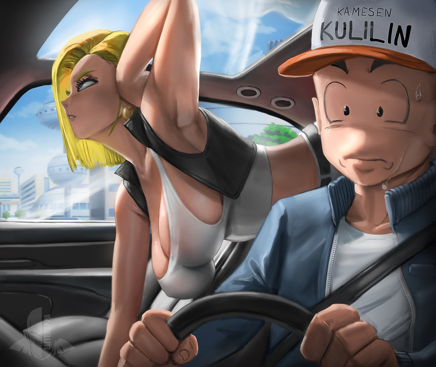 1boy 1girl absurdres android_18 arm_up armpits baseball_cap black_vest blonde_hair blue_jacket breasts car_interior city closed_mouth dragon_ball dragon_ball_z driving earrings elite_nappa hanging_breasts hat highres jacket jewelry kuririn looking_up no_nose shiny_skin shirt sweat sweating_profusely tank_top urban vest white_shirt white_tank_top