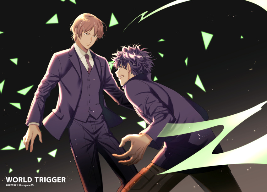 2boys bangs battle black_background black_hair black_jacket brown_hair brown_pants charging_forward clenched_teeth collared_shirt copyright_name dated dress_shirt duel formal frown glowing gradient_background jacket kageura_masato light_particles long_sleeves looking_at_another looking_away male_focus multiple_boys necktie ninomiya_masataka pants purple_hair purple_jacket purple_pants purple_vest red_necktie sharp_teeth shirogane750 shirt short_hair spiked_hair suit teeth triangle twitter_username uniform vest white_shirt world_trigger