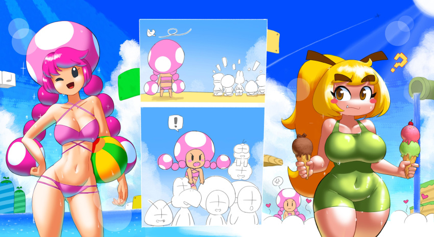 &lt;3 absurd_res alternate_species ambiguous_gender anthro ball beach beach_ball big_breasts bikini blonde_hair blush blush_stickers breasts clothed clothing cross-popping_vein curvy_figure cute_fangs dessert duo_focus exclamation_point female food goomba goombella group hair hi_res holding_food holding_ice_cream holding_object hourglass_figure humanoid humanoidized ice_cream inflatable jealous koopa lakitu mario_bros minus8 navel nintendo not_furry_focus one-piece_swimsuit open_mouth open_smile paper_mario pink_hair question_mark scalie seaside shyguy smile swimwear thick_thighs tight_clothing toad_(mario) toadette water wet