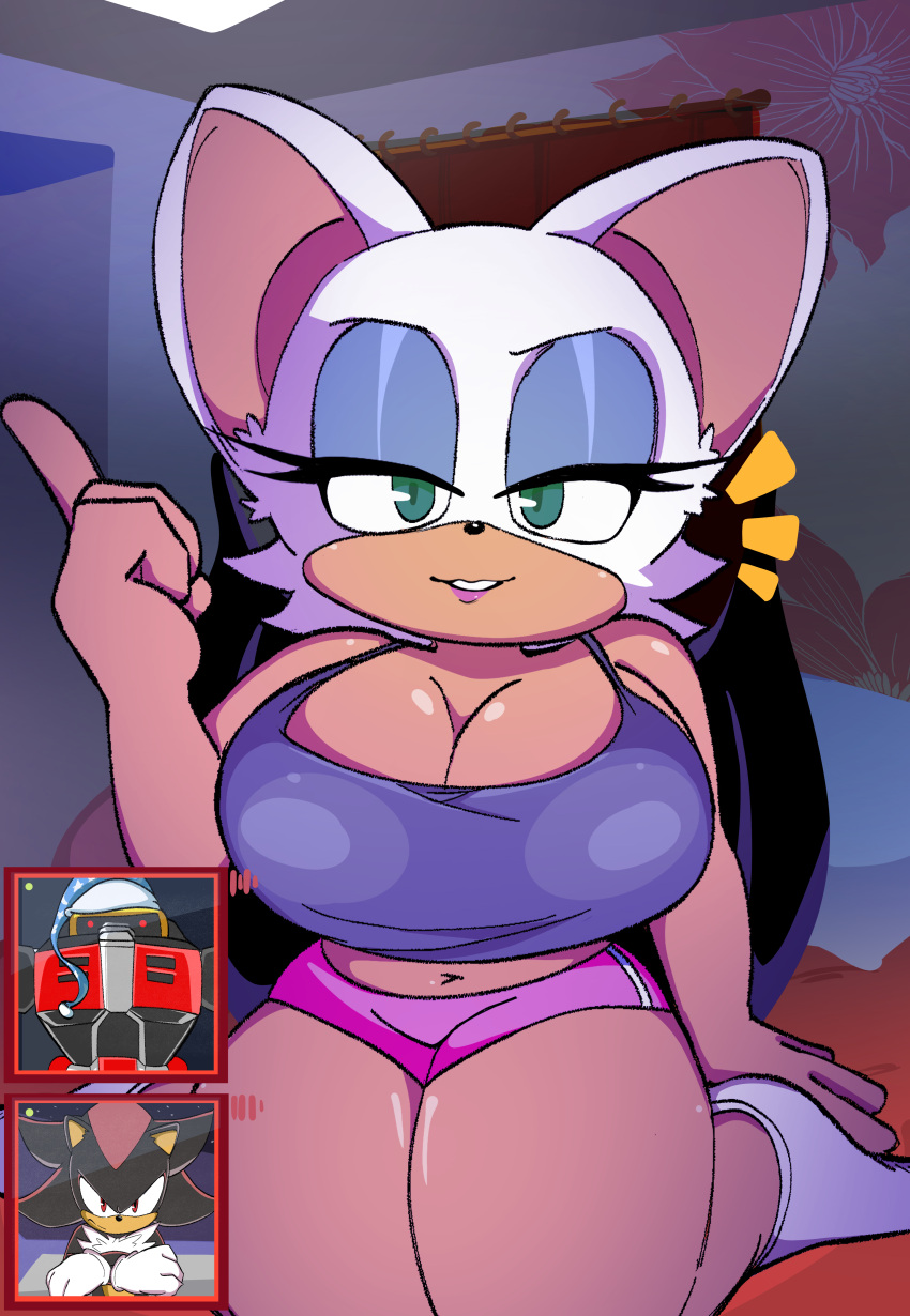 absurd_res anthro bat bed big_breasts bottomwear breasts cleavage clothed clothing crop_top crossed_arms e-123_omega eulipotyphlan female footwear furniture group hedgehog hi_res hotpants huge_breasts kneeling machine male mammal midriff onibi pillow robot rouge_the_bat sega shadow_the_hedgehog shirt shorts sleeping_cap socks sonic_the_hedgehog_(series) thick_thighs topwear trio video_call wings